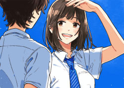 Rule 34 | 1boy, 1girl, :d, blue background, blue neckwear, blush, brown eyes, brown hair, commentary request, eye contact, fingernails, hand up, keishin, looking at another, necktie, open mouth, original, shirt, short sleeves, simple background, smile, sweat, white shirt