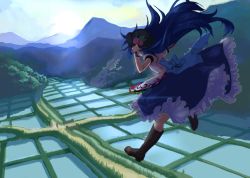 Rule 34 | 1girl, blue hair, boots, female focus, flying, food, fruit, hat, hinanawi tenshi, knee boots, long hair, mountain, nature, outdoors, peach, plant, rice paddy, scenery, sky, solo, touhou, vica, water