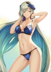 Rule 34 | 1girl, armpits, blue panties, blush, breasts, brynhildr (fate), cleavage, closed mouth, fate/prototype, fate/prototype: fragments of blue and silver, fate (series), gradient background, hair over one eye, highres, long hair, looking at viewer, mashuu (neko no oyashiro), panties, purple eyes, solo, swept bangs, thighs, underwear, underwear only, very long hair