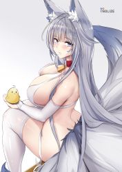 Rule 34 | 1girl, animal ear fluff, animal ears, artist name, ass, azur lane, bare shoulders, bell, bikini, breasts, collar, elbow gloves, fox ears, fox tail, from behind, gloves, grey background, highres, holding, large breasts, long hair, looking at viewer, looking back, manjuu (azur lane), neck bell, pixiv username, red collar, shinano (azur lane), simple background, sitting, solo, swimsuit, tail, thighhighs, thighs, tnolize, untied bikini, white bikini, white gloves, white thighhighs