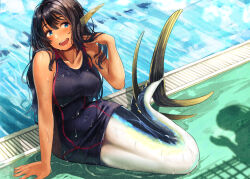 Rule 34 | 159cm, 1girl, :d, black hair, black one-piece swimsuit, blue eyes, blush, breasts, collarbone, commentary request, competition swimsuit, dark-skinned female, dark skin, fins, head fins, large breasts, long hair, looking to the side, mermaid, monster girl, one-piece swimsuit, open mouth, original, pool, shadow, sitting, smile, solo, swimsuit, teeth, upper teeth only, water, wet, wet clothes, wet swimsuit