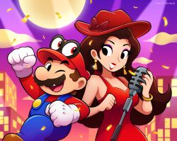 Rule 34 | 1boy, 1girl, 1other, blue overalls, boots, bracelet, brown footwear, brown hair, building, cappy (mario), cityscape, clenched hands, cloud, donkey kong (series), dress, earrings, facial hair, full moon, gloves, hat, highres, holding, holding microphone, jewelry, long hair, looking at another, mario, mario (series), microphone, moon, mustache, nintendo, one eye closed, open mouth, outdoors, overalls, pauline (mario), purple sky, red dress, red headwear, red nails, red shirt, shirt, short hair, sky, skyscraper, super mario odyssey, vinny (dingitydingus), white gloves