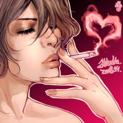Rule 34 | 1girl, brown hair, cigarette, closed eyes, female focus, gradient background, heart, holding, kazeco, lips, lipstick, lowres, makeup, nail polish, signature, smoke, smoking, solo