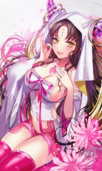 Rule 34 | 1girl, bare shoulders, black hair, blush, breasts, cleavage, collarbone, commentary request, detached sleeves, facial mark, fate/grand order, fate (series), flower, forehead mark, gradient background, grey background, hand on own chest, horns, lace, large breasts, long hair, long sleeves, looking at viewer, matsurika youko, navel, ok sign, panties, parted bangs, parted lips, pink flower, pink lips, pink thighhighs, purple panties, revealing clothes, sessyoin kiara, sitting, smile, solo, tattoo, thighhighs, underwear, veil, very long hair, wide sleeves, yellow eyes