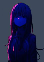 Rule 34 | 1girl, :&lt;, black hair, black shirt, blue light, blunt bangs, closed mouth, collared shirt, commentary, expressionless, grey background, highres, imigimuru, inoue takina, long hair, long sleeves, looking at viewer, looking down, lycoris recoil, lycoris uniform, pink light, shirt, sidelocks, simple background, solo, symbol-only commentary, upper body