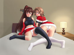 Rule 34 | 2girls, all fours, ass, asymmetrical legwear, bed, black headband, black shirt, black socks, blush, braid, breasts, brown eyes, brown hair, christmas, closed mouth, commentary request, covered erect nipples, crotch seam, doutanuki, elbow gloves, fur-trimmed skirt, fur trim, gloves, hair ornament, hair scrunchie, headband, headgear, indoors, kantai collection, knee up, kneehighs, lamp, large breasts, long hair, midriff, miniskirt, multiple girls, navel, on bed, open mouth, panties, pillow, pink scrunchie, ponytail, red gloves, red skirt, santa costume, scrunchie, shirt, short sleeves, single horizontal stripe, sitting, skirt, sleeveless, sleeveless shirt, smile, socks, teruzuki (kancolle), thighhighs, twin braids, underwear, uneven legwear, wariza, white legwear, white panties, yamato (kancolle)