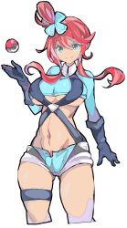 Rule 34 | 1girl, blue eyes, blue gloves, breasts, closed mouth, creatures (company), enpe, game freak, gloves, gluteal fold, groin, gym leader, hair between eyes, hair bun, highres, large breasts, long hair, long sleeves, midriff, navel, nintendo, open fly, poke ball, poke ball (basic), pokemon, pokemon bw, red hair, short shorts, shorts, simple background, single hair bun, skyla (pokemon), smile, solo, thigh strap, thighs, underboob, white background