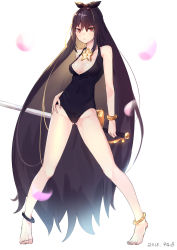 Rule 34 | 1girl, anklet, barefoot, black hair, black one-piece swimsuit, bracelet, breasts, cleavage, contrapposto, covered erect nipples, covered navel, dated, dungeon and fighter, full body, hair between eyes, hand on own hip, highres, holding, holding sword, holding weapon, jewelry, long hair, looking at viewer, medium breasts, mou zhi pingguo, necklace, one-piece swimsuit, petals, red eyes, solo, standing, star (symbol), star necklace, swimsuit, sword, tiptoes, very long hair, weapon