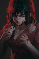 Rule 34 | 1girl, black eyes, blood, blood on face, blood on hands, commentary, dao trong le, dark background, english commentary, fighting stance, glaring, highres, looking at viewer, medium hair, multicolored hair, original, procreate (medium), serious, solo, torn clothes, two-tone eyes, upper body