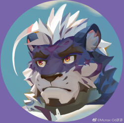 Rule 34 | 1boy, animal ears, profile picture, bara, cropped shoulders, diamond (shape), facial hair, forked eyebrows, frown, furry, furry male, goatee, long hair, looking to the side, male focus, mature male, multicolored hair, munax od, original, ponytail, purple fur, round image, sadiend, solo, streaked hair, thick eyebrows, tiger boy, tiger ears, white hair, yellow eyes