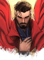 Rule 34 | 1boy, adjusting clothes, black hair, cape, close-up, closed eyes, collar, cropped torso, doctor strange, doctor strange (series), dopey (dopq), facial hair, highres, light, male focus, marvel, marvel cinematic universe, multicolored hair, mustache, solo, superhero costume, white hair, wizard