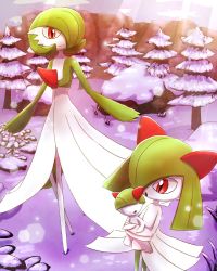 Rule 34 | 1other, 2girls, blunt bangs, bob cut, bowl cut, carrying, closed mouth, colored skin, covered eyes, creatures (company), day, footprints, full body, game freak, gardevoir, gen 3 pokemon, green hair, green skin, hair over eyes, hair over one eye, happy, highres, kirlia, light rays, looking at another, looking down, medium hair, multicolored skin, multiple girls, nintendo, one eye covered, open mouth, outdoors, pine tree, pokemon, pokemon (creature), pokemon legends: arceus, ralts, red eyes, rock, short hair, smile, snow, split mouth, standing, sunlight, tree, two-tone skin, walking, white skin, yu (pocketsun636)