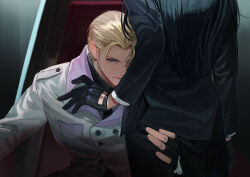 Rule 34 | 2boys, black gloves, black hair, black jacket, black pants, black suit, blonde hair, blue eyes, final fantasy, final fantasy vii, final fantasy vii remake, fingerless gloves, formal, gloves, hair slicked back, hand on another&#039;s thigh, head out of frame, highres, jacket, long hair, long sleeves, looking at viewer, male focus, multiple boys, pants, parted bangs, rufus shinra, shirt, short hair, shou rou, square enix, suit, suit jacket, tseng, turks (ff7), white jacket, white shirt, yaoi