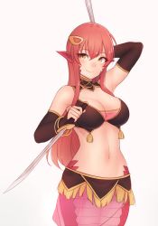 Rule 34 | 10s, 1girl, arm up, armpits, bare shoulders, bikini, bikini top only, bluefield, blush, breasts, cleavage, closed mouth, detached collar, detached sleeves, dual wielding, hair ornament, highres, holding, holding sword, holding weapon, lamia, large breasts, long hair, looking at viewer, medium breasts, miia (monster musume), monster girl, monster musume no iru nichijou, navel, pointy ears, red hair, reverse grip, sarong, scales, sidelocks, slit pupils, smile, solo, stomach, swimsuit, sword, weapon, yellow eyes