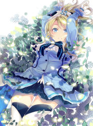 Rule 34 | 10s, 1girl, arms up, ayase eli, blonde hair, blue eyes, gloves, highres, kira-kira sensation!, looking at viewer, love live!, love live! school idol project, parted lips, ponytail, skirt, solo, takitou, thighhighs, white gloves, white thighhighs