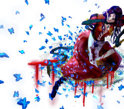 Rule 34 | 1girl, alice: madness returns, alice (alice in wonderland), alice in wonderland, alice liddell (american mcgee&#039;s alice), american mcgee&#039;s alice, black hair, blood, boots, brown hair, bug, butterfly, dress, female focus, green eyes, insect, jewelry, knife, long hair, naru campanella, necklace, sitting, solo, vorpal blade, weapon