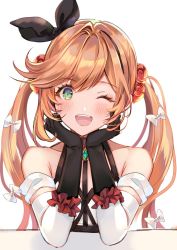 Rule 34 | 1girl, alternate hairstyle, aoi (kirabosi105), bare shoulders, black gloves, chest harness, clarisse (granblue fantasy), collarbone, gloves, granblue fantasy, green eyes, hair ribbon, harness, highres, looking at viewer, one eye closed, orange hair, ribbon, solo, twintails