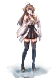 Rule 34 | 10s, 1girl, ahoge, bare shoulders, blue eyes, bow (bhp), brown hair, cup, detached sleeves, double bun, drinking, frilled skirt, frills, full body, hair ornament, hairband, headgear, highres, japanese clothes, kantai collection, kongou (kancolle), long hair, looking at viewer, nontraditional miko, personification, pleated skirt, ribbon-trimmed sleeves, ribbon trim, sketch, skirt, smile, solo, standing, teacup, thighhighs, zettai ryouiki