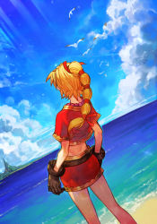 Rule 34 | 1girl, beach, bead necklace, beads, bird, blonde hair, brown gloves, chrono cross, cloud, cowboy shot, day, from behind, gloves, hungry clicker, island, jewelry, kid (chrono cross), long hair, necklace, ocean, outdoors, ponytail, red shirt, red skirt, seagull, shirt, short sleeves, skirt, solo
