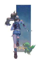 Rule 34 | 1girl, artist name, bare shoulders, black vest, black wristband, blue shorts, boots, brown footwear, brown hair, city lights, commentary, creatures (company), cutoffs, dated, dated commentary, denim, denim shorts, exposed pocket, facing away, full body, game freak, gen 5 pokemon, hat, high ponytail, highres, hilda (pokemon), kikuyoshi (tracco), lens flare, long hair, night, night sky, nintendo, pokemon, pokemon (creature), pokemon bw, ponytail, running, shirt, short shorts, shorts, sidelocks, sky, sleeveless, sleeveless shirt, snivy, star (sky), vest, white background, white headwear, white shirt, wristband