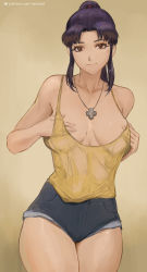Rule 34 | 1girl, bare arms, bare shoulders, breasts, brown eyes, closed mouth, collarbone, covering nipples, covering privates, cowboy shot, cross, cross necklace, cutoffs, denim, denim shorts, hands up, jewelry, katsuragi misato, large breasts, legs together, long hair, looking at viewer, necklace, neon genesis evangelion, nextoad, patreon logo, ponytail, purple hair, shirt, shirt tucked in, short shorts, shorts, sidelocks, simple background, sleeveless, sleeveless shirt, smile, solo, spaghetti strap, standing, watermark, web address, yellow background, yellow shirt