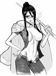 Rule 34 | 1girl, breasts, cigarette, female focus, female pubic hair, glasses, greyscale, hand on own hip, jacket, jacket on shoulders, long hair, looking at viewer, midriff, mikazuki shigure, monochrome, navel, one piece, open clothes, open fly, open shirt, pubic hair, shirt, smoking, solo, standing, sword, tashigi, unzipped, weapon