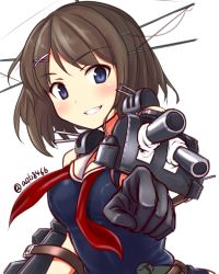 Rule 34 | 10s, 1girl, a9b (louis814), blue eyes, breasts, brown hair, clenched teeth, gloves, grin, hair ornament, hairclip, headgear, highres, kantai collection, looking at viewer, machinery, maya (kancolle), short hair, smile, solo, teeth, turret