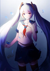 Rule 34 | 1girl, absurdres, black skirt, black thighhighs, blue eyes, blue hair, bug, butterfly, butterfly on hand, collarbone, cowboy shot, floating hair, hair ornament, hatsune miku, highres, insect, long hair, looking away, miniskirt, navel, neckerchief, parted lips, pleated skirt, red neckerchief, school uniform, serafuku, shirt, short sleeves, shy (953416992), signature, skirt, solo, standing, thighhighs, twintails, very long hair, vocaloid, white shirt, zettai ryouiki