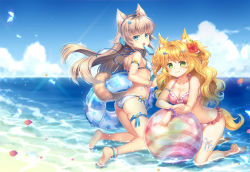Rule 34 | 2girls, animal ears, anklet, ass, barefoot, beach, bikini, blonde hair, blue bikini, blue eyes, blue sky, blush, breasts, capura lin, closed mouth, cloud, cloudy sky, day, food, fox ears, fox tail, frilled bikini, frills, green eyes, half-closed eyes, halterneck, holding, holding food, innertube, jewelry, kneeling, lens flare, long hair, looking at viewer, medium breasts, multiple girls, ocean, open mouth, original, outdoors, petals, pink bikini, popsicle, sky, small breasts, smile, swim ring, swimsuit, tail, teeth, thighs, two side up, wavy hair