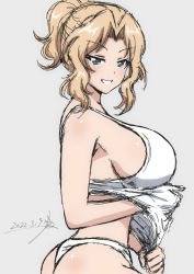 Rule 34 | 1girl, ass, bare shoulders, blonde hair, blue eyes, breasts, bukkuri, clothes lift, dated, forehead, from side, girls und panzer, grin, hair intakes, kay (girls und panzer), large breasts, long hair, looking at viewer, panties, shirt lift, sideboob, simple background, sketch, smile, solo, tank top, thong, underwear, upper body, wavy hair, white panties