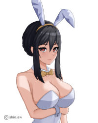 Rule 34 | 1girl, absurdres, animal ears, bare arms, bare shoulders, black hair, bow, bowtie, breast hold, breasts, cleavage, closed mouth, commentary request, detached collar, dot nose, expressionless, eyelashes, fake animal ears, hair between eyes, hairband, highres, instagram username, leotard, long bangs, long hair, looking at viewer, playboy bunny, red eyes, shio aw, simple background, solo, spy x family, strapless, strapless leotard, upper body, v-shaped eyebrows, white background, white leotard, wrist cuffs, yellow bow, yellow bowtie, yellow hairband, yor briar