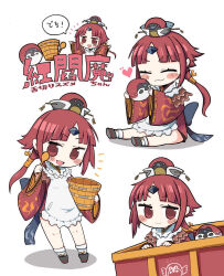 Rule 34 | 1girl, :3, animal, apron, back bow, benienma (fate), bird, bird hat, blue bow, blunt bangs, blush stickers, bow, box, bucket, character name, chibi, ebi gohan, eurasian tree sparrow, fate/grand order, fate (series), heart, highres, holding, holding animal, holding bird, holding bucket, holding spoon, in box, in container, japanese clothes, kappougi, kimono, long hair, low ponytail, multiple views, no pants, notice lines, ohitsu, okobo, parted bangs, red hair, red kimono, sandals, shamoji, short kimono, smile, socks, sparrow, speech bubble, spoon, translation request, v-shaped eyebrows, white apron, white background, white socks, wide sleeves, wooden spoon