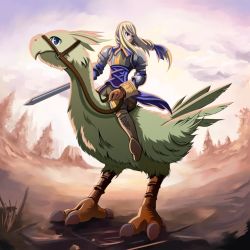 Rule 34 | 1girl, agrias oaks, armor, blonde hair, chocobo, final fantasy, final fantasy tactics, riding, solo, sword, tsukumo (soar99), weapon