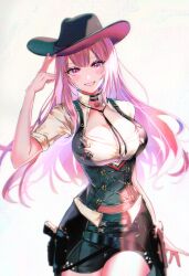 Rule 34 | 1girl, black choker, black hat, black shorts, bodice, bolo tie, breasts, choker, cleavage, collared shirt, cowboy hat, cowboy western, grin, gun, handgun, hat, highres, hololive, hololive english, holstered, large breasts, long hair, looking at viewer, mori calliope, mori calliope (sheriff), official alternate costume, parted lips, pink eyes, pink hair, shirt, shorts, skin tight, sleeveless, sleeveless shirt, sleeves rolled up, smile, solo, sowon, underbust, virtual youtuber, weapon, white shirt