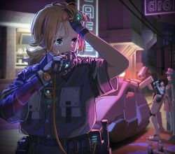 Rule 34 | 2girls, android, arrest, blurry, blurry background, commentary, cyborg, highres, holding, humanoid robot, ichiyon, mecha, mechanical arms, multiple girls, neon lights, night, orange hair, original, outdoors, police, ponytail, robot, science fiction, single mechanical arm
