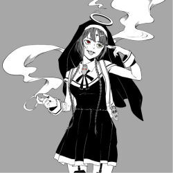 Rule 34 | 1girl, akiwashi, bandaid, bandaid on face, braid, character request, cigarette, facial mark, fingernails, grey background, halo, heterochromia, holding, holding cigarette, jewelry, kamippoina (vocaloid), monochrome, nail polish, nun, piercing, ring, smoke, smoking, spot color, tongue, tongue out, tongue piercing, twin braids