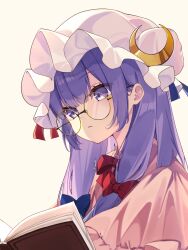 Rule 34 | 1girl, bespectacled, blue bow, blue ribbon, book, bow, bowtie, closed mouth, commentary request, crescent, crescent hat ornament, glasses, hat, hat ornament, highres, long hair, looking at viewer, mob cap, open book, patchouli knowledge, pink shirt, purple eyes, purple hair, red bow, red bowtie, red ribbon, ribbon, round eyewear, shirt, solo, touhou, upper body, white hat, yuineko