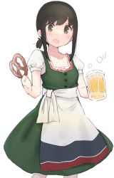 Rule 34 | 1girl, alcohol, alternate costume, beer, beer mug, black hair, blush, buttons, collarbone, cup, food, fubuki (kancolle), green eyes, hair between eyes, highres, holding, holding cup, kantai collection, ma rukan, mug, open mouth, pretzel, puffy short sleeves, puffy sleeves, short hair, short ponytail, short sleeves, signature, simple background, solo, white background