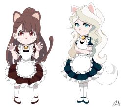 Rule 34 | 10s, 2girls, :3, animal ears, apron, artist name, bell, blue eyes, brown eyes, brown hair, chibi, collar, crossed arms, diana cavendish, eliln, frown, full body, highres, kagari atsuko, kemonomimi mode, little witch academia, long hair, maid, maid apron, multiple girls, neck bell, signature, simple background, socks, tail, thighhighs, whiskers, white background, white hair, white legwear