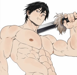 Rule 34 | 1boy, bara, biceps, black hair, expressionless, fushiguro touji, half-closed eyes, highres, jujutsu kaisen, large pectorals, male focus, mature male, muscular, muscular male, nipples, nude, paid reward available, pectorals, scar, scar on face, scar on mouth, short hair, shredded muscles, solo, suyohara, upper body