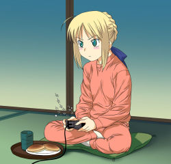 Rule 34 | 00s, 1girl, a1 (initial-g), ahoge, alternate costume, artoria pendragon (all), artoria pendragon (fate), blonde hair, fate/stay night, fate (series), flat chest, food, game console, green eyes, green hair, indian style, matching hair/eyes, pillow, playing games, playstation 2, saber (fate), sitting, solo, video game, wagashi