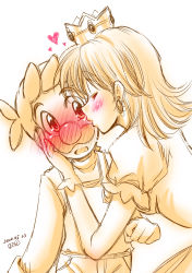 Rule 34 | 1boy, 1girl, 73kou33, absurdres, blush, brown eyes, closed eyes, crown, earrings, flower earrings, gloves, hand on another&#039;s face, heart, highres, jewelry, kiss, kissing cheek, luigi, mario (series), nintendo, overalls, princess daisy, puffy short sleeves, puffy sleeves, short hair, short sleeves, spoken heart, super mario bros. 1, super mario land