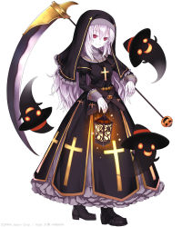 Rule 34 | 1girl, bad id, bad pixiv id, capriccio, carrying over shoulder, cross, hibanar, holding, hood, lantern, long hair, looking at viewer, original, red eyes, scythe, silver hair, simple background, solo, white background
