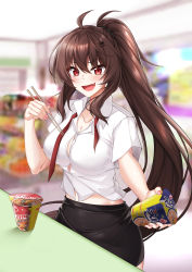 Rule 34 | 1girl, :d, ahoge, black skirt, blurry, blurry background, blush, breasts, brown hair, button gap, chopsticks, cleavage, collarbone, collared shirt, commentary, convenience store, counter:side, cup, cup ramen, elze (s01047480836), fang, fingernails, furrowed brow, hair between eyes, hair ornament, hand up, highres, holding, holding chopsticks, holding cup, indoors, large breasts, lee sooyeon, long fingernails, long hair, looking at viewer, midriff peek, miniskirt, nail polish, necktie, open mouth, pink nails, ponytail, red eyes, red necktie, school uniform, shirt, shop, short sleeves, sidelocks, skin fang, skirt, smile, solo, table, undone necktie, very long hair, white shirt, wing collar
