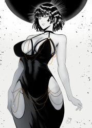 Rule 34 | 1girl, absurdres, black dress, black hair, breasts, chain, cleavage, dress, fubuki (one-punch man), gold chain, hand on own thigh, highres, large breasts, light particles, looking down, meme attire, modakawa dress, monochrome, mostlybluewyatt, no panties, one-punch man, open mouth, short hair, simple background, solo, standing