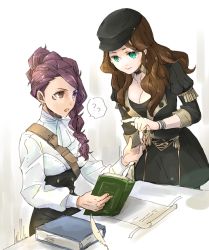 Rule 34 | 2girls, ?, black headwear, book, breasts, brown eyes, brown hair, cleavage, closed mouth, dorothea arnault, earrings, fire emblem, fire emblem: three houses, garreg mach monastery uniform, green eyes, hat, holding, holding book, jewelry, long hair, long sleeves, multiple girls, nintendo, open book, open mouth, petra macneary, ponytail, purple hair, robaco, sitting, smile, spoken question mark, table, uniform