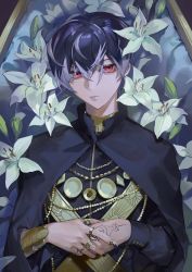Rule 34 | 1boy, absurdres, black cloak, black hair, black shirt, cloak, closed mouth, expressionless, flower, high collar, highres, idolish7, jewelry, long sleeves, looking at viewer, lying, male focus, momo (idolish7), multicolored hair, on back, own hands together, re:vale, red eyes, ring, shirt, short hair, solo, two-tone hair, white flower, white hair, wrist cuffs, yhsg