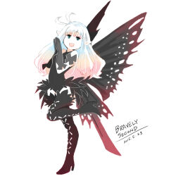Rule 34 | 0taske, 1girl, anne (bravely second), antenna hair, black footwear, black gloves, black leotard, black thighhighs, black wings, blue eyes, boots, bravely default (series), bravely second: end layer, butterfly wings, copyright name, dated, fairy, fairy wings, frilled leotard, frills, gloves, high heel boots, high heels, highres, insect wings, leg up, leotard, long hair, open mouth, own hands together, pointy ears, smile, solo, standing, standing on one leg, thigh boots, thighhighs, thighs, white hair, wings