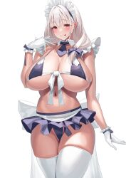 Rule 34 | 1girl, :q, absurdres, bikini, blue bikini, blue necktie, blush, commentary request, front-tie bikini top, front-tie top, gloves, hand up, highres, looking at viewer, maid, maid bikini, maid headdress, medium hair, microskirt, navel, necktie, original, paid reward available, plump, red eyes, short necktie, simple background, skindentation, skirt, solo, stomach, swimsuit, thick thighs, thighhighs, thighs, tongue, tongue out, unconventional maid, white background, white gloves, white headdress, white thighhighs, yamanokami eaka