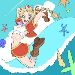 Rule 34 | 1girl, arm markings, arms behind head, bandaged leg, bandages, bead necklace, beads, blue eyes, boots, breasts, brown footwear, brown gloves, chrono cross, cleavage, cloud, contrail, crop top, cropped jacket, facial mark, full body, fusso oekaki, gloves, gold trim, hair ribbon, highres, jacket, jewelry, jumping, kid (chrono cross), looking at viewer, medium breasts, midriff, miniskirt, multi-tied hair, navel, necklace, ocean, open mouth, ponytail, red jacket, red ribbon, red skirt, ribbon, seashell, shell, shirt, short hair with long locks, short sleeves, skirt, sleeveless, sleeveless shirt, smile, solo, starfish, torn clothes, torn shirt, waving, white shirt